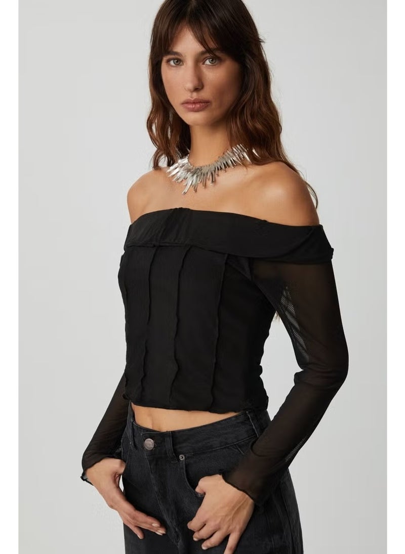 GRIMELANGE Nerys Women's Strapless Neck Open Shoulder Long Sleeve Slim Fit Black Blouse - Image 2